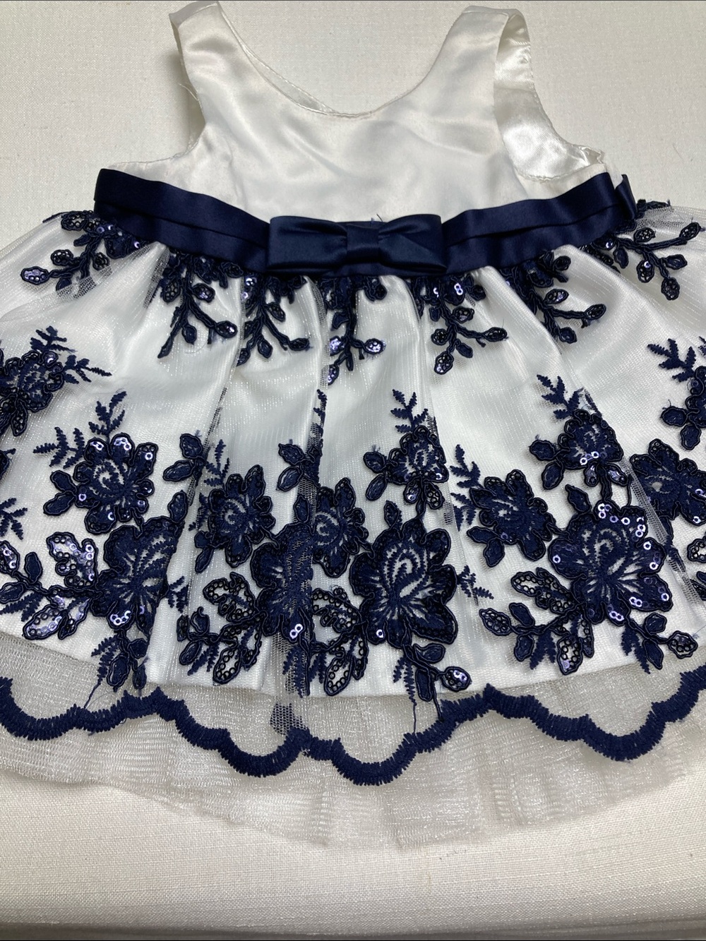 American Princess White and Navy Blue Floral Embroidered Tulle Dress